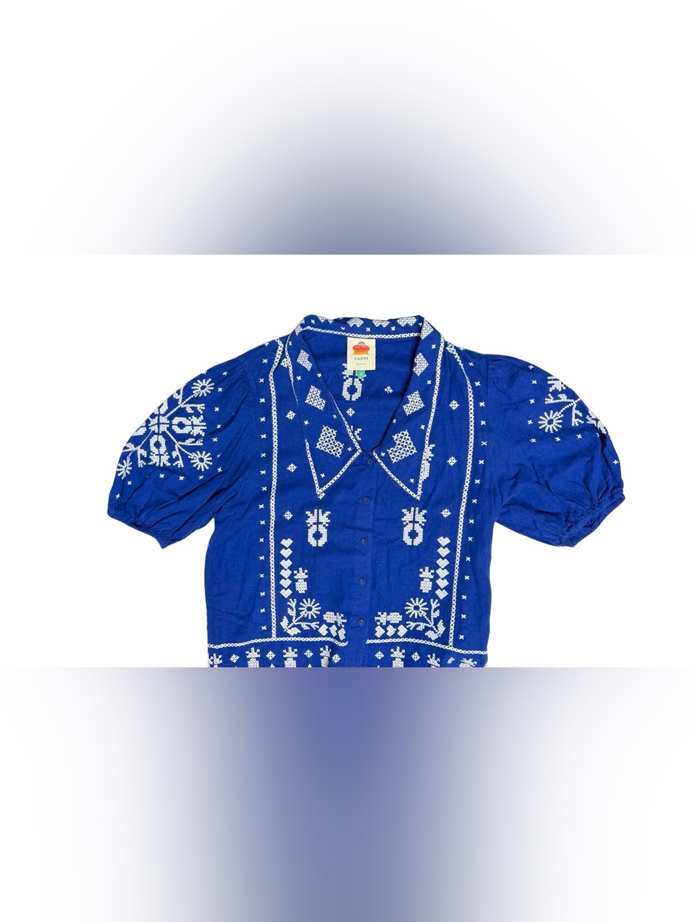 Farm Rio- Blue Embroidered Short-Sleeve Button-Up Shirt - Picture 11 of 16